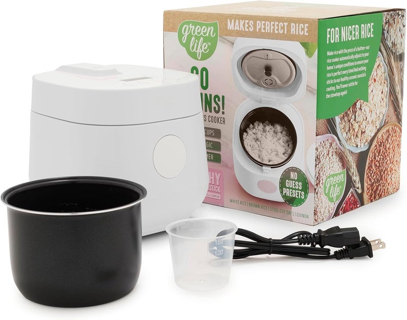 GreenLife طباخ أرز رقمي، 2 كوب غير مطبوخ/4 أكواب مطبوخة، وعاء سيراميك غير لاصق قابل للإزالة وخالي من PFAS، إعدادات لمسة واحدة، شوفان، كينوا، أرز بني، الحفاظ على الحرارة تلقائيًا، تقنية منطق ضبابي، 1.5QT، أبيض - Image 1